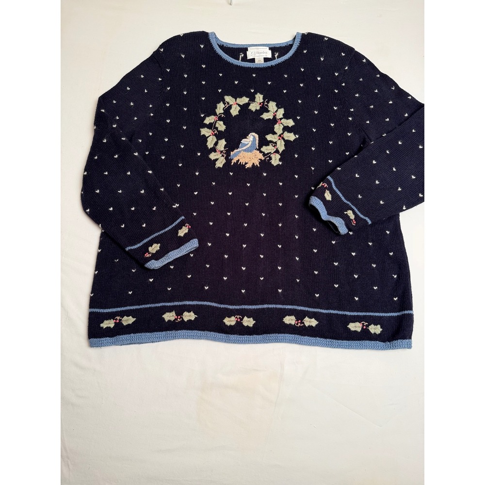 CJ Banks Womens 2X‎ Navy Blue Hand Embroidered Holly Bird Christmas Sweater
